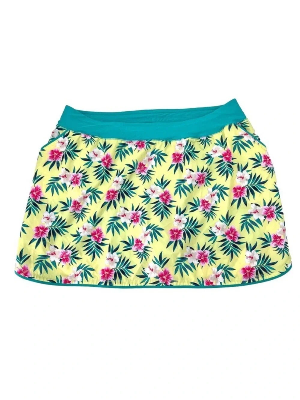 Lands' End Green Yellow Tropical Floral Lined Swim Skirt